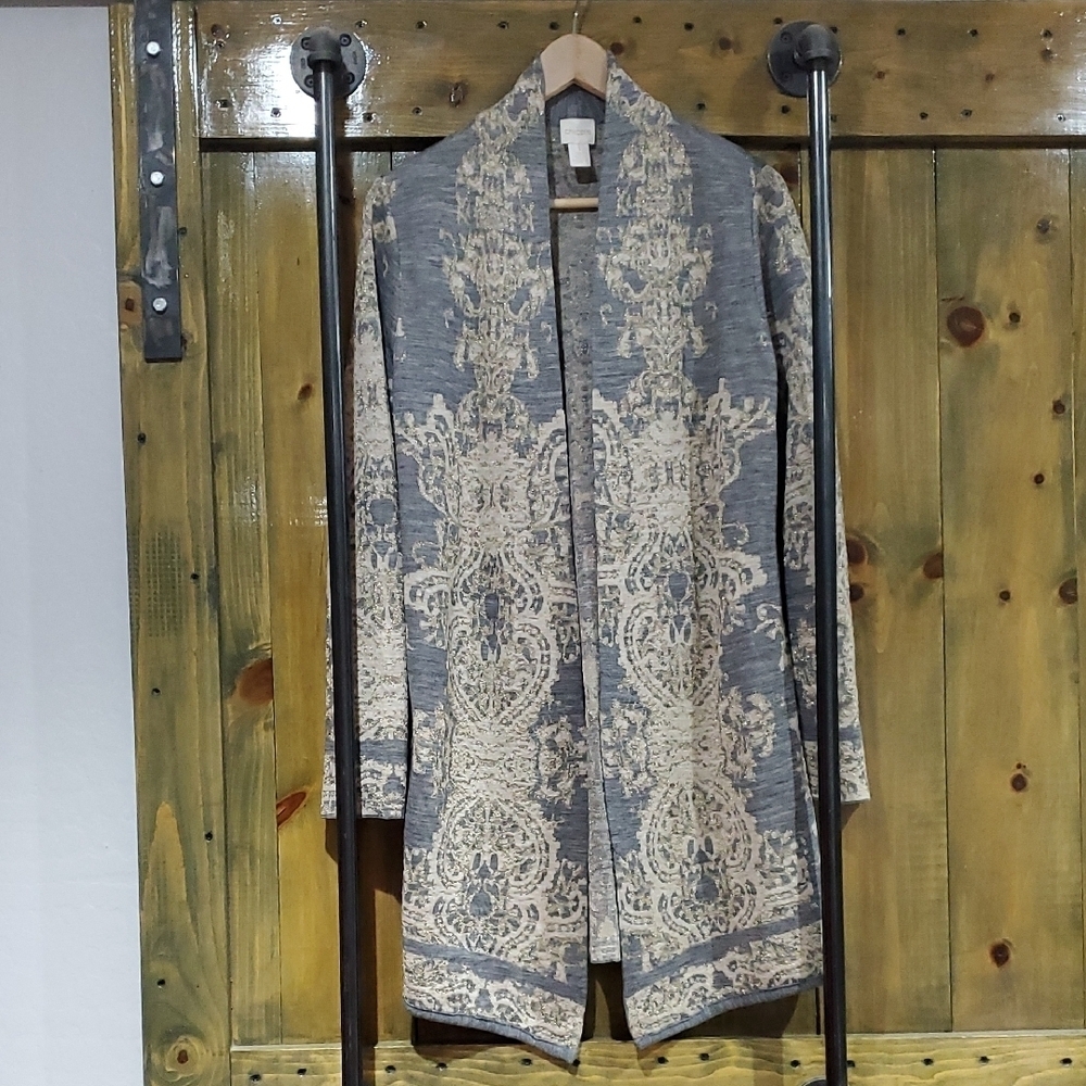 Chico's Gray and Cream Cardigan Sweater with Intricate Gold Shimmer Design